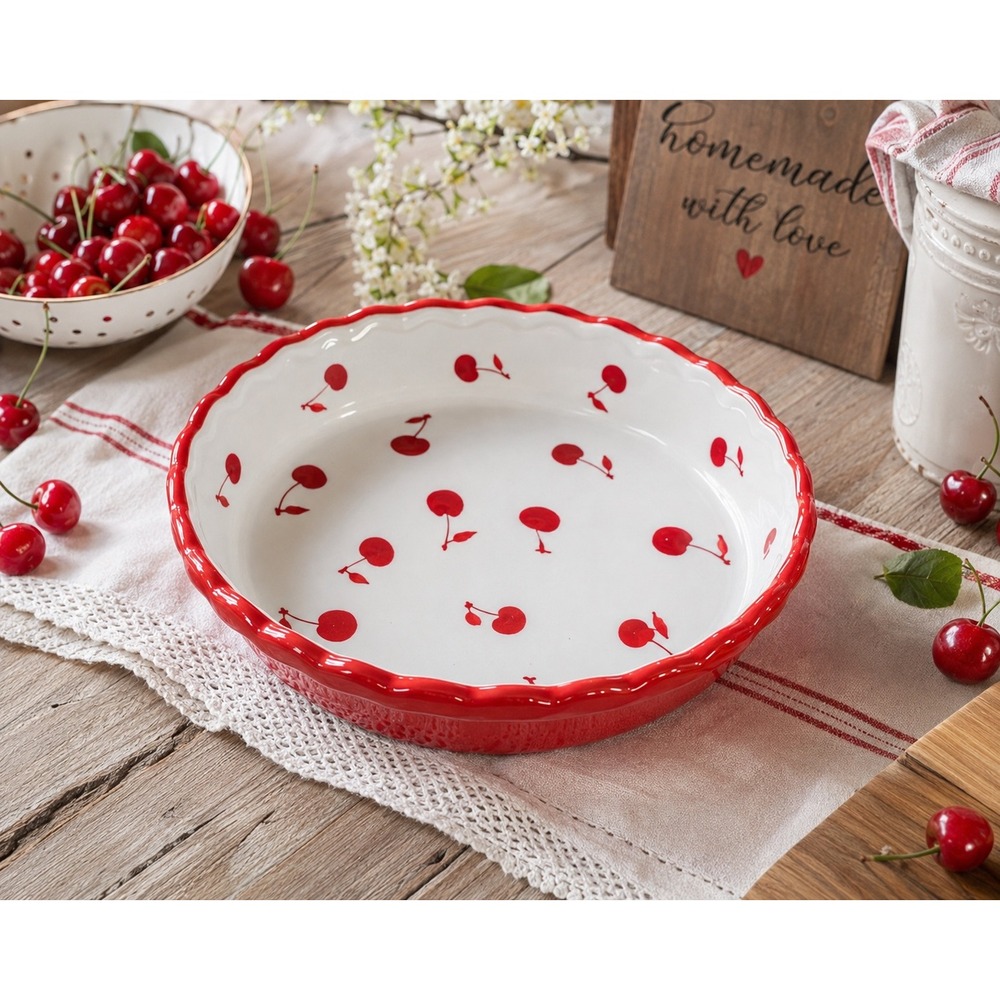Cherries Jubilee Pie Baking Dish Scalloped Retro Cottagecore Cherry Baker 10"